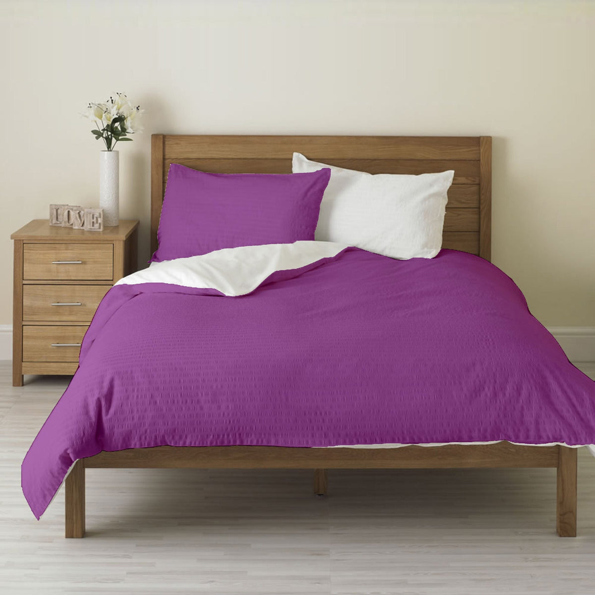 Lenjerie pat 100% bumbac Creponat, bicolor Iris Orchid & White
