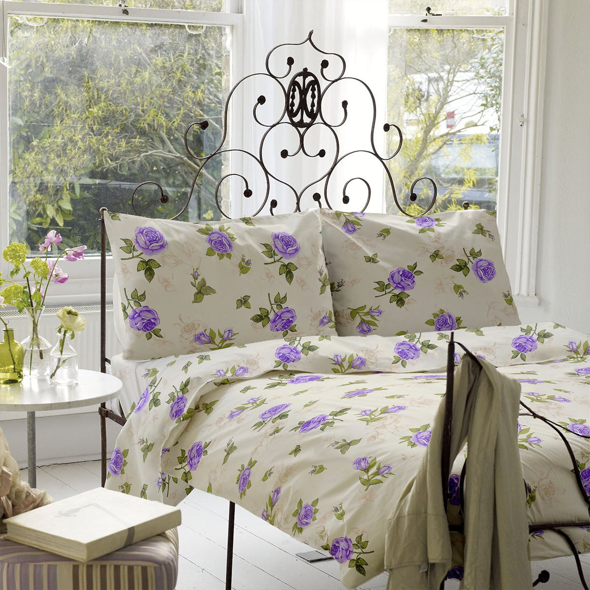 Renforce bed linen with Roses 03 Lila design, 100% cotton, for a double bed